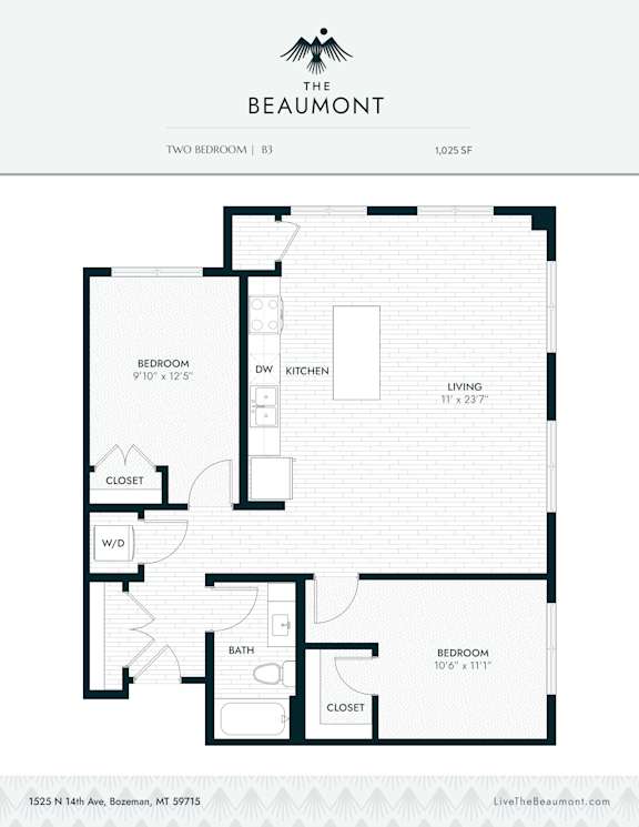 B3 Two Bedroom One Bathroom Floorplan at The Beaumont Apartments, Bozeman, MT