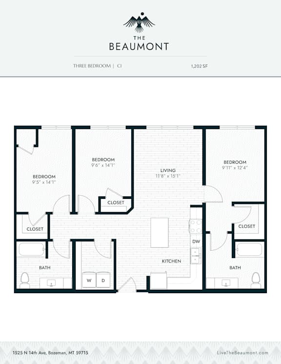 C1 Three Bedroom Two Bathroom Floorplan at The Beaumont Apartments, Bozeman, 59715