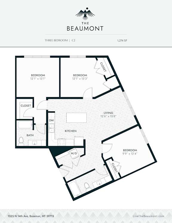 C2 Three Bedroom Two Bathroom Floorplan at The Beaumont Apartments, Bozeman, Montana 59715