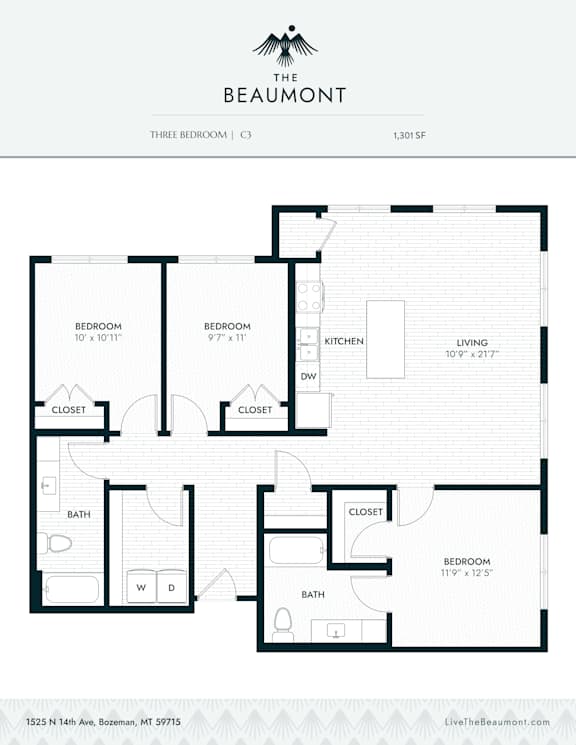 A floor plan for a three bedroom apartment is displayed.