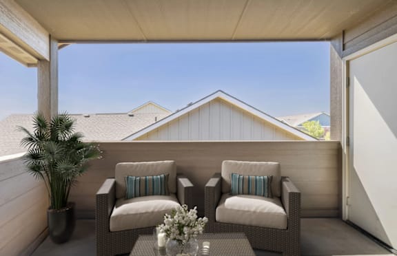 A patio with two chairs, a table, and a potted plant.