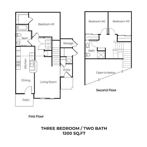 A floor plan of a three bedroom apartment with two bathrooms sized at 1200 square feet.