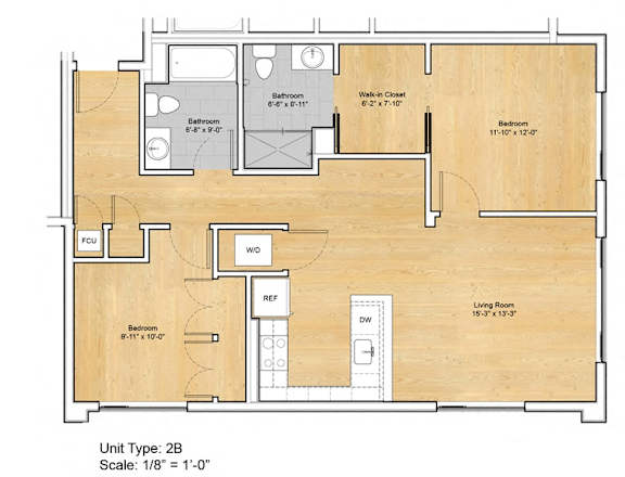 A drawing of a floor plan for a 2B unit with dimensions and room labels.