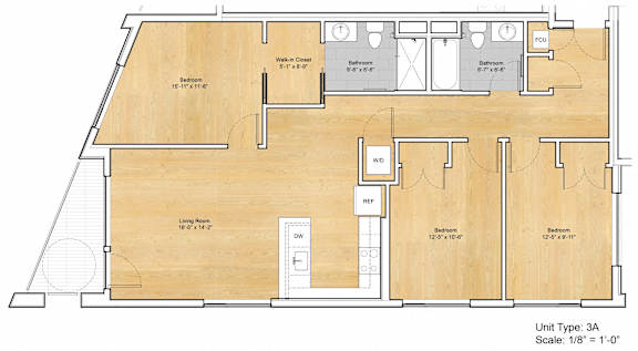 Floor Plan  3 bed 2 bath A at 605 Concord at Fresh Pond Apartments, Cambridge