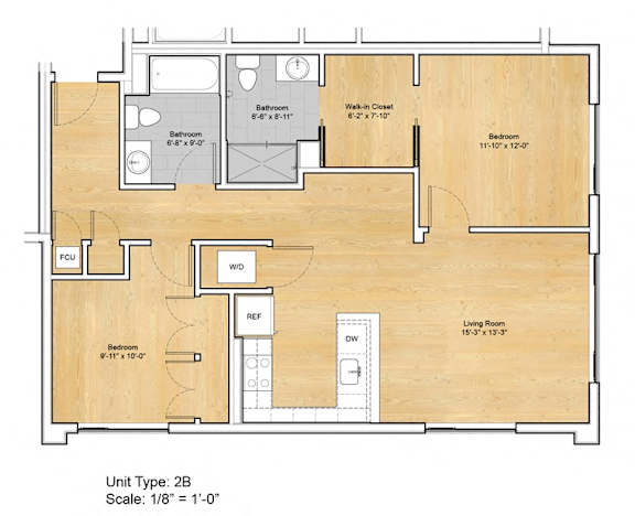 A drawing of a 2B unit with dimensions and room labels.