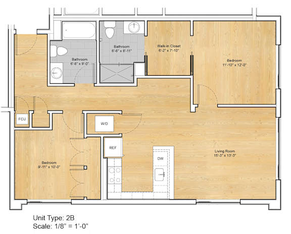 A drawing of a 2B unit type with a living room, two bathrooms, a walk-in closet, and a bedroom.
