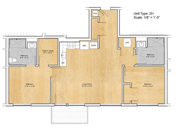 A floor plan of a 2-bedroom apartment with a living room, dining room, kitchen, and bathroom.