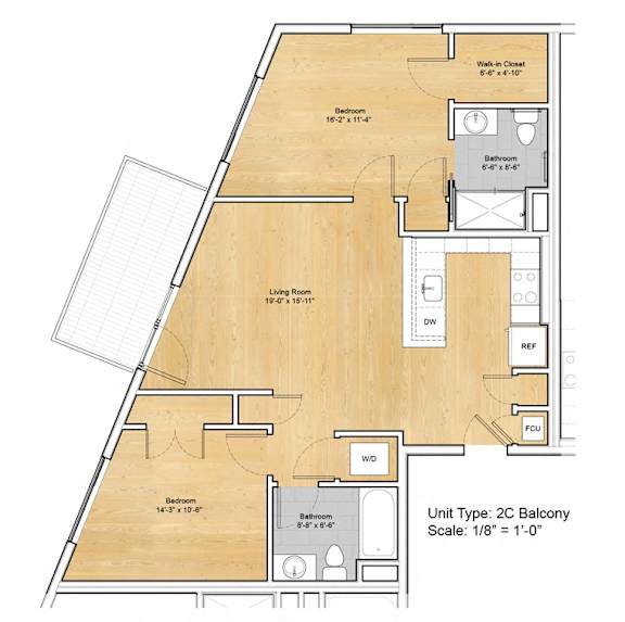 A floor plan of a 2C Balcony apartment with dimensions and room labels.