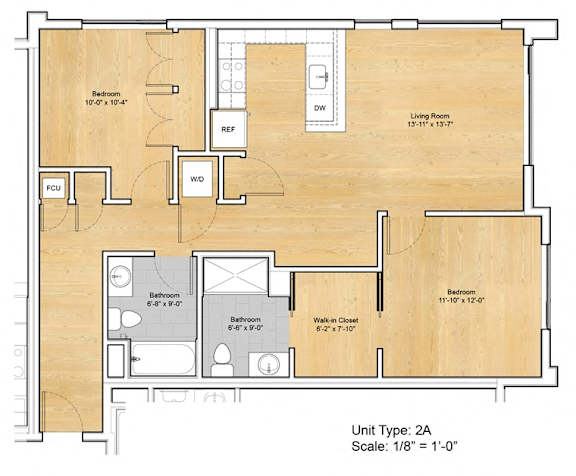 A floor plan of a 2A unit with a living room, two bedrooms, a bathroom, and a kitchen.