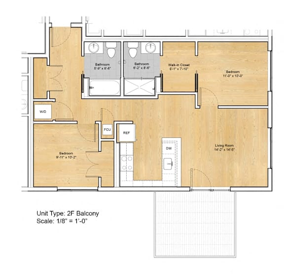 A 2F Balcony floor plan with a living room, two bedrooms, two bathrooms, a walk-in closet, and a W/D.