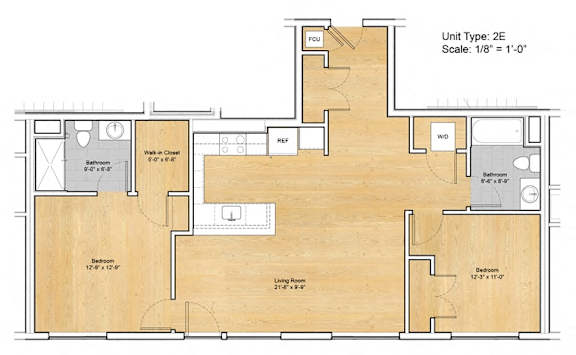 A floor plan of a 2E unit with a living room, two bedrooms, a bathroom, and a kitchen.