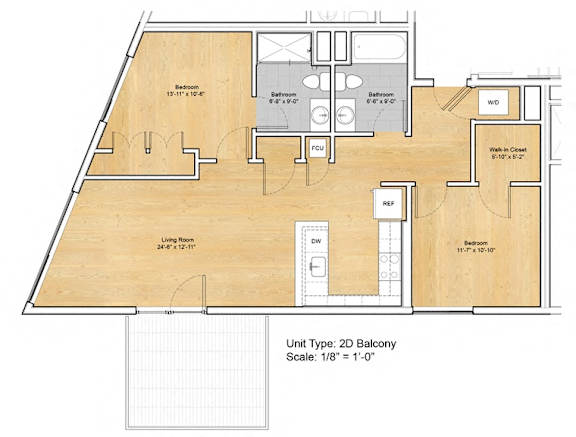 A 2D balcony floor plan with a living room, two bathrooms, a kitchen, a dining room, a laundry room, and a walk-in closet.