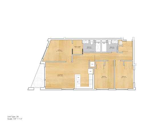 A drawing of a house plan with a living room, dining room, kitchen, and three bedrooms.