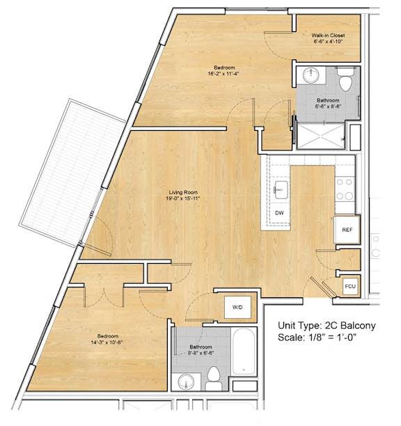 A drawing of a 2C Balcony apartment layout.