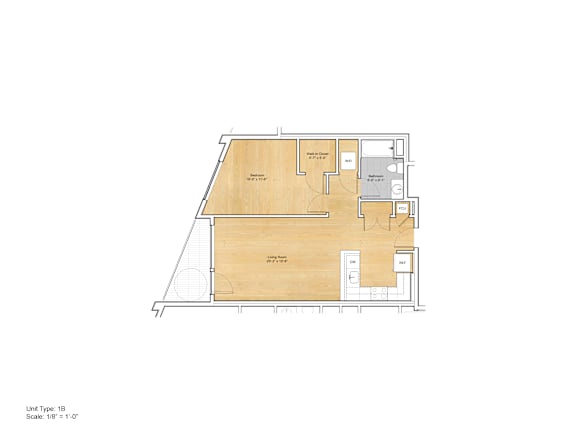 A drawing of a floor plan for a 1B unit.