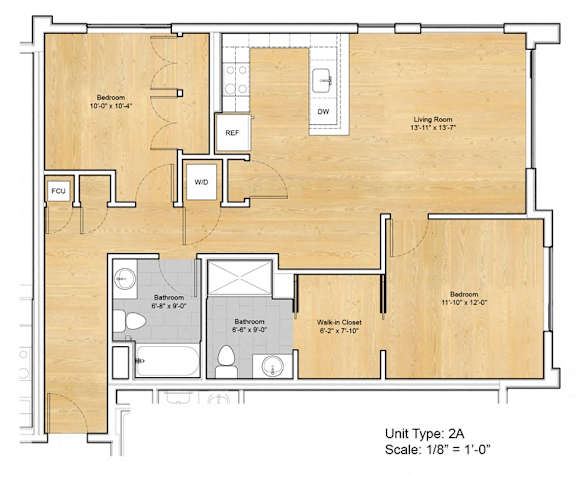 A floor plan of a 2A unit with dimensions and room labels.