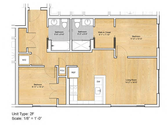 A floor plan of a 2F unit with a living room, two bedrooms, a bathroom, a kitchen, a dining area, and a study area.