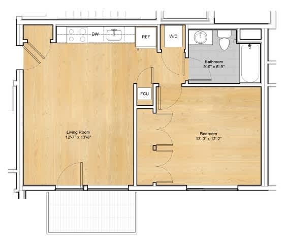 A floor plan of a room with a living room, dining room, kitchen, and bathroom.at 605 Concord at Fresh Pond Apartments, Massachusetts, 02138