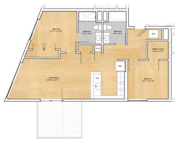 A floor plan of a house with a living room, two bedrooms, a bathroom, a laundry room, a walk-in closet, and a garage.at 605 Concord at Fresh Pond Apartments, Massachusetts, 02138