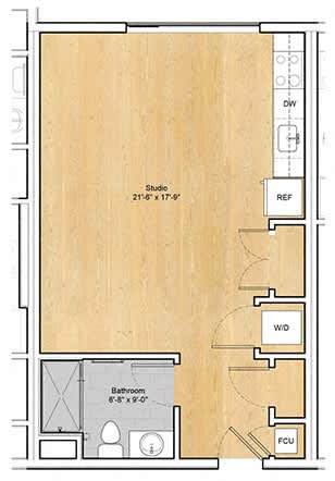 A floor plan of a room with a studio, bathroom, and kitchen.at 605 Concord at Fresh Pond Apartments, Massachusetts, 02138