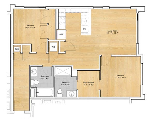 A floor plan of a house with a living room, two bedrooms, a bathroom, a kitchen, and a walk-in closet.at 605 Concord at Fresh Pond Apartments, Massachusetts, 02138