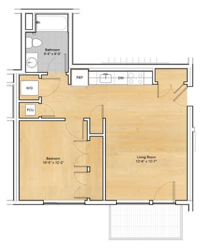 A floor plan of a house with a living room, bedroom, and bathroom.at 605 Concord at Fresh Pond Apartments, Massachusetts, 02138