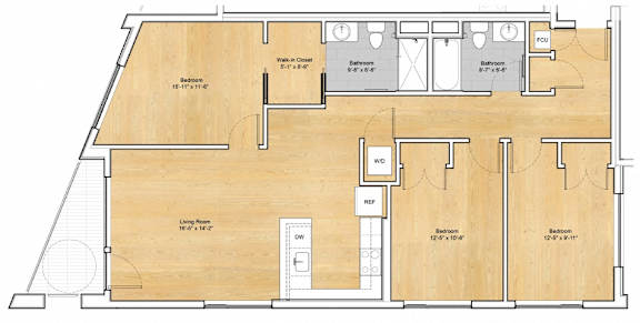 A floor plan of a house with a living room, dining room, kitchen, and bathrooms.at 605 Concord at Fresh Pond Apartments, Massachusetts, 02138