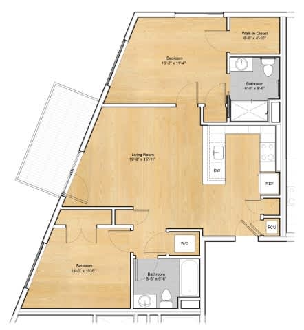 A floor plan of a house with a living room, dining room, kitchen, and bathroom.at 605 Concord at Fresh Pond Apartments, Massachusetts, 02138