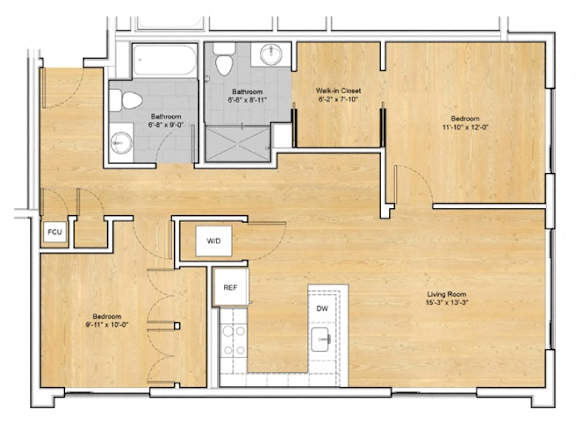 A floor plan of a house with three bedrooms, a living room, a study, and a kitchen.at 605 Concord at Fresh Pond Apartments, Massachusetts, 02138