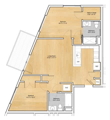 A floor plan of a house with a living room, bedrooms, and bathrooms.at 605 Concord at Fresh Pond Apartments, Massachusetts, 02138