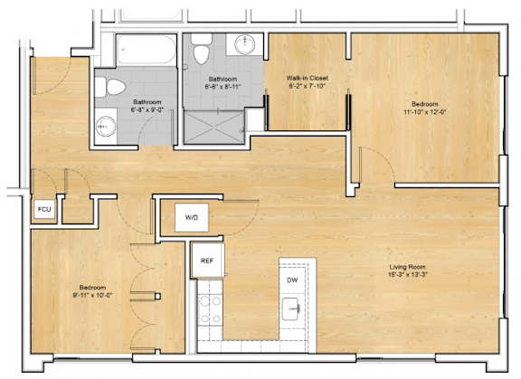 A floor plan of a house with a living room, dining room, kitchen, and multiple bedrooms.at 605 Concord at Fresh Pond Apartments, Massachusetts, 02138