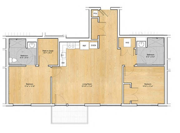 A floor plan of a house with a living room, dining room, kitchen, and two bedrooms.at 605 Concord at Fresh Pond Apartments, Massachusetts, 02138