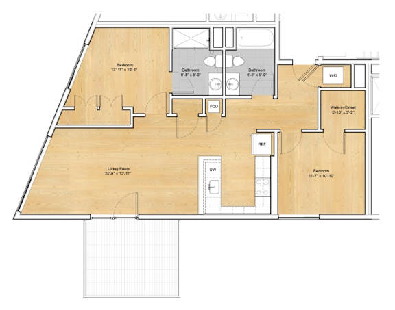A floor plan of a house with three bathrooms and a living room.at 605 Concord at Fresh Pond Apartments, Massachusetts, 02138