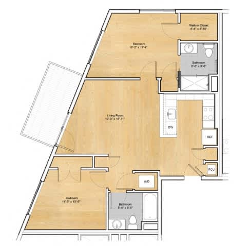 A floor plan of a house with a living room, bedrooms, and a bathroom.at 605 Concord at Fresh Pond Apartments, Massachusetts, 02138