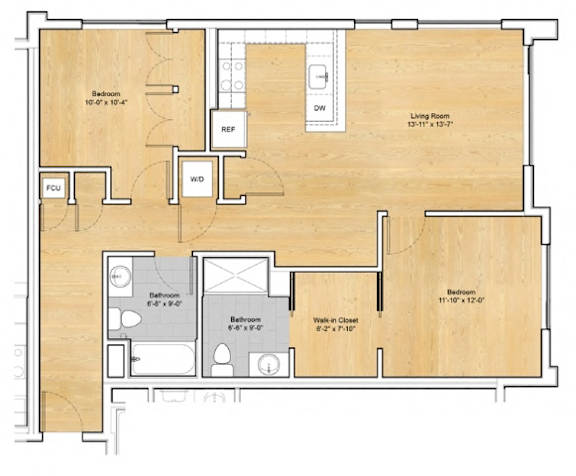 A floor plan of a house with a living room, two bedrooms, a bathroom, and a walk-in closet.at 605 Concord at Fresh Pond Apartments, Massachusetts, 02138