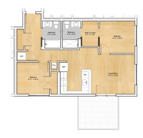 A floor plan of a house with a living room, two bedrooms, a bathroom, a kitchen, and a laundry room.at 605 Concord at Fresh Pond Apartments, Massachusetts, 02138