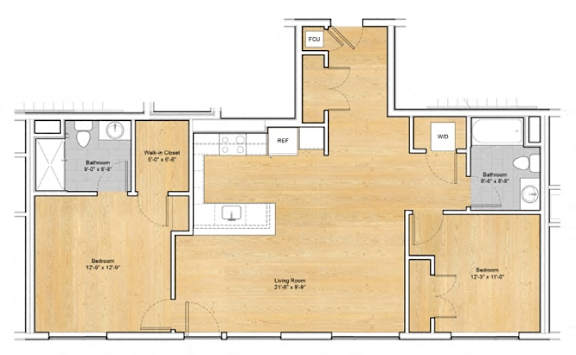 A floor plan of a house with a living room, dining room, kitchen, and two bedrooms.at 605 Concord at Fresh Pond Apartments, Massachusetts, 02138