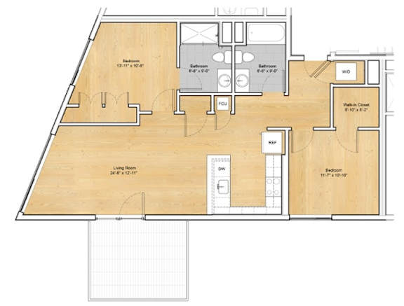 A floor plan of a house with a living room, two bathrooms, a kitchen, a dining room, and a study.at 605 Concord at Fresh Pond Apartments, Massachusetts, 02138