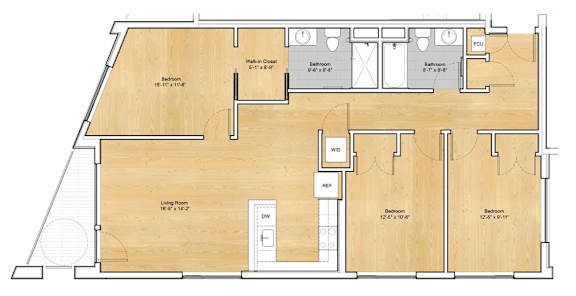 A floor plan of a house with a living room, dining room, kitchen, and bathrooms.at 605 Concord at Fresh Pond Apartments, Massachusetts, 02138
