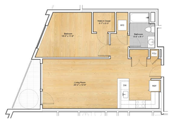 A floor plan of a room with a living room, bedroom, bathroom, and kitchen.at 605 Concord at Fresh Pond Apartments, Massachusetts, 02138
