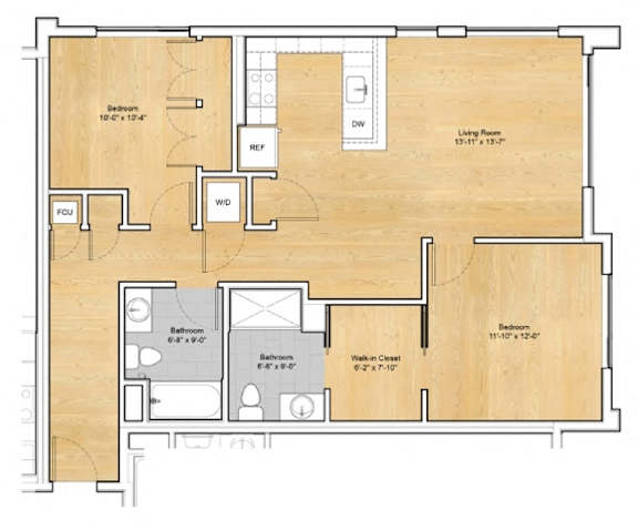 A floor plan of a house with two bedrooms, a living room, a dining room, a kitchen, a bathroom, and a walk-in closet.at 605 Concord at Fresh Pond Apartments, Massachusetts, 02138