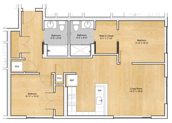 A floor plan of a house with two bathrooms, a living room, a kitchen, a dining room, and two bedrooms.at 605 Concord at Fresh Pond Apartments, Massachusetts, 02138