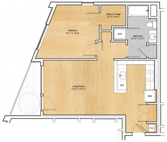 A floor plan of a house with a living room, bedroom, bathroom, walk-in closet, and a laundry room.at 605 Concord at Fresh Pond Apartments, Massachusetts, 02138