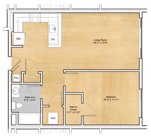 A floor plan of a room with a living room, bedroom, bathroom, and walk-in closet.at 605 Concord at Fresh Pond Apartments, Massachusetts, 02138