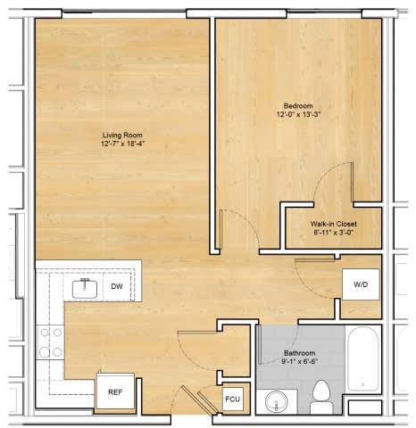 A floor plan of a room with a living room, bedroom, bathroom, walk-in closet, and a laundry area.at 605 Concord at Fresh Pond Apartments, Massachusetts, 02138