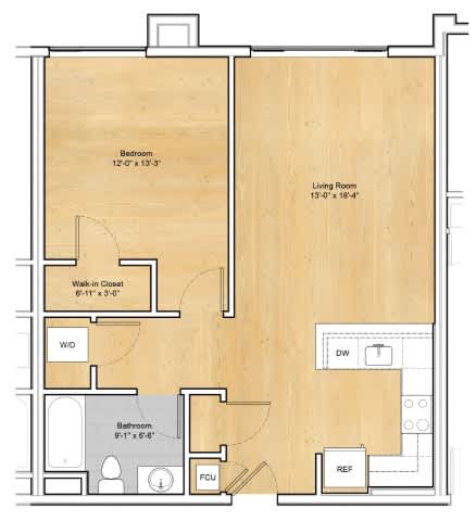 A floor plan of a room with a bedroom, living room, walk-in closet, bathroom, and a kitchenette.at 605 Concord at Fresh Pond Apartments, Massachusetts, 02138