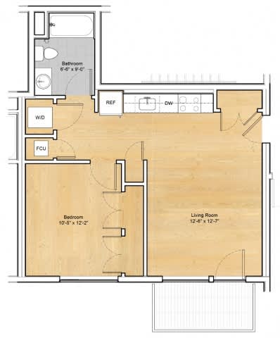 A floor plan of a room with a bathroom, a living room, a dining area, and two bedrooms.at 605 Concord at Fresh Pond Apartments, Massachusetts, 02138
