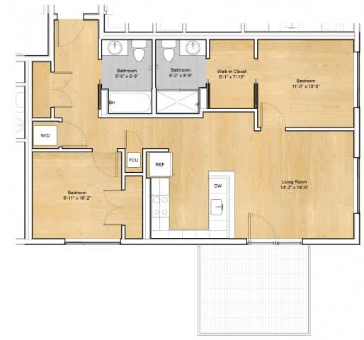 A floor plan of a house with three bedrooms, a living room, and a kitchen.at 605 Concord at Fresh Pond Apartments, Massachusetts, 02138