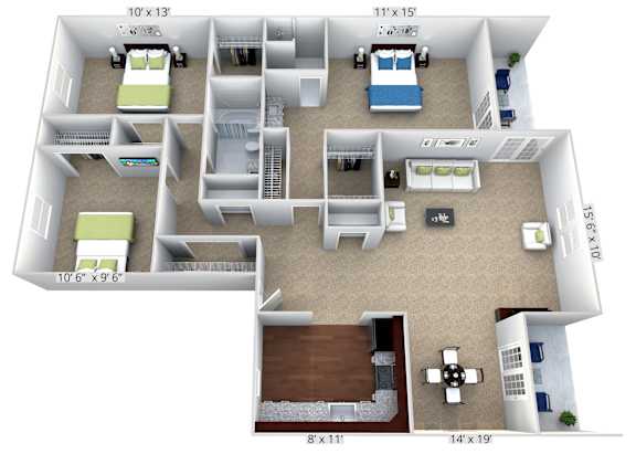 A floor plan of a two-bedroom apartment with a living room, kitchen, and bathroom.