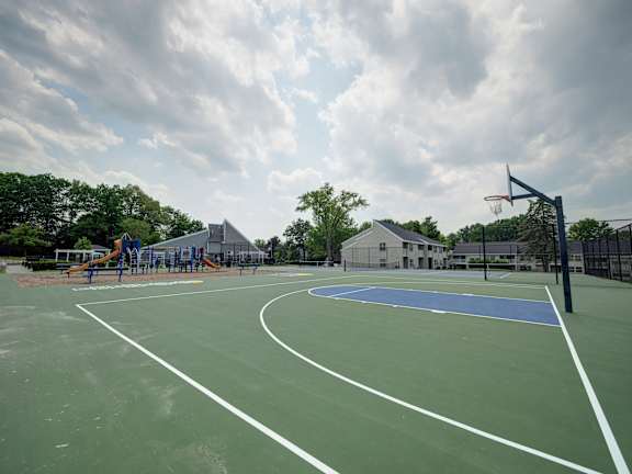 A basketball court with a blue hoop and white lines.